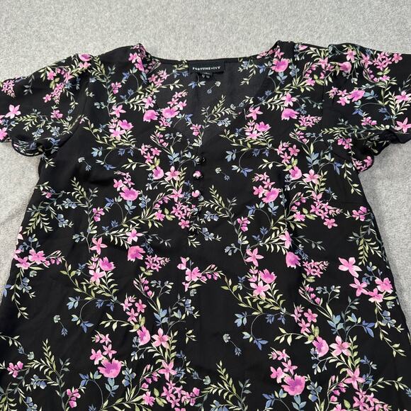 Fortune + Ivy Black Floral V-Neck Blouse Women's Small Short Sleeve Top - Picture 5 of 9